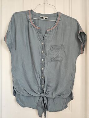 John Mark Dusty Blue Tie-Front Button Down Top with Embroidered Trim